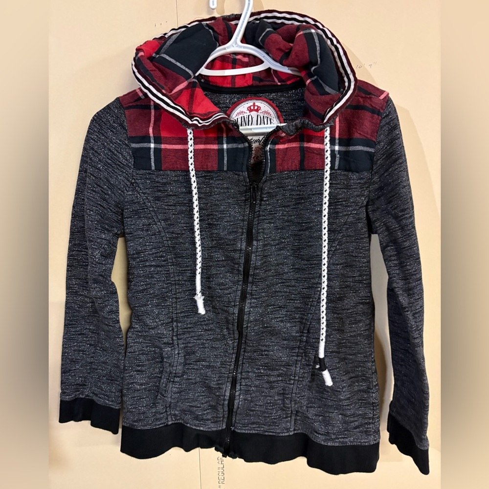 Plaid Hooded Women's Sweatshirt - Red and Gray